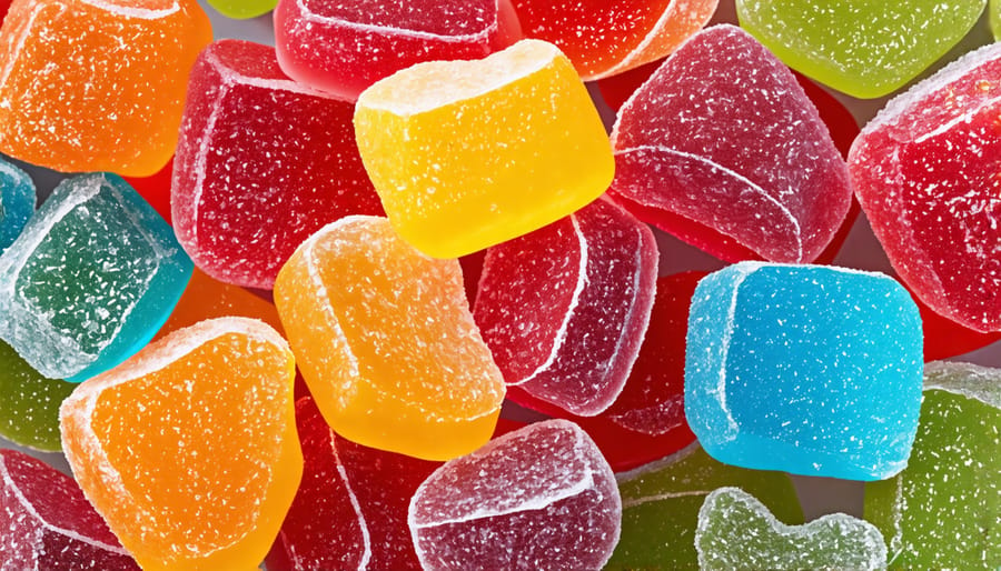 An assortment of colorful and uniquely shaped freeze-dried candies displayed artistically